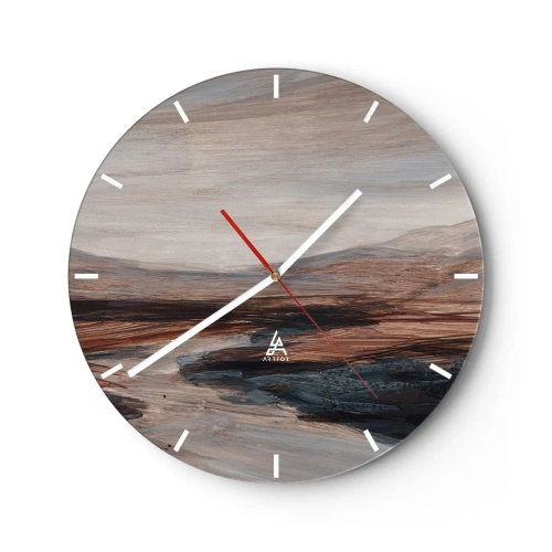 Relógio de parede - Relógio em vidro - Um vale marrom-acinzentado com montanhas ao fundo em estilo pictórico - 30x30cm - Um vale tranquilo - Decoração de parede moderna para a sala de estar, cozinha e quarto ARTTOR