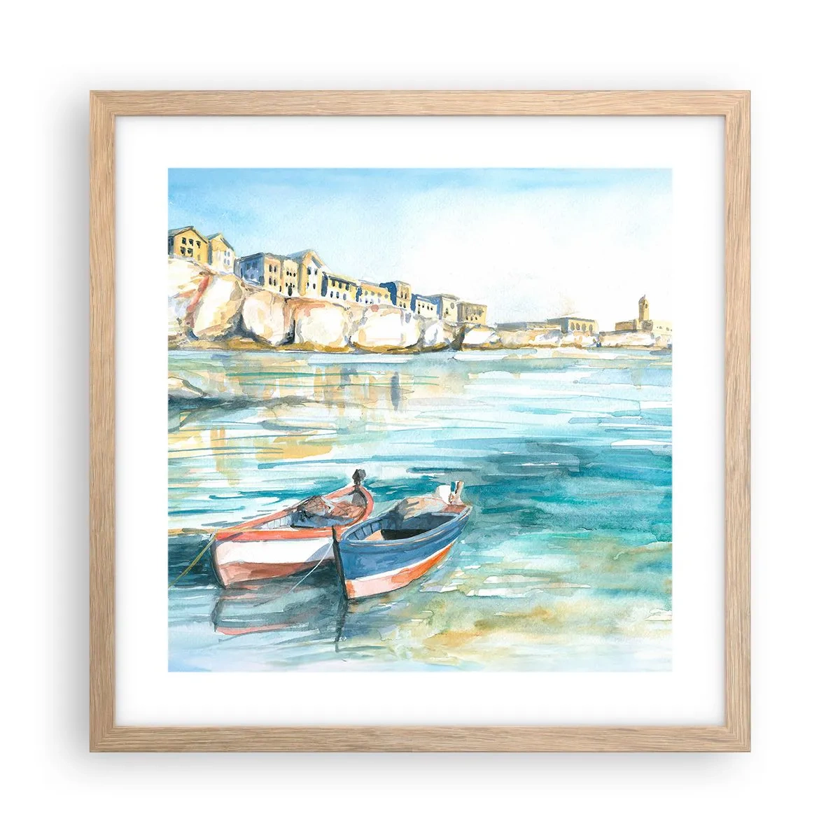 Pôster com moldura de carvalho claro - Paisagem em azul - 40x40 cm