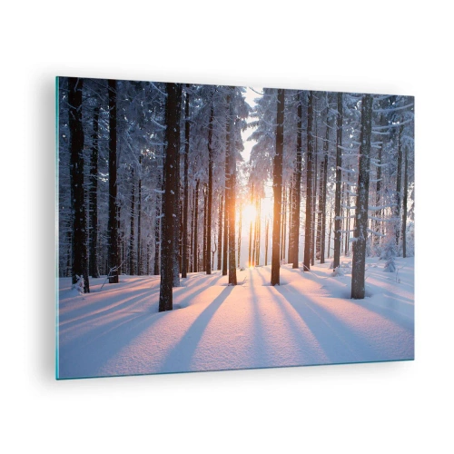 Quadro em vidro - Floresta de inverno com raios de sol brilhando através das árvores - 70x50cm - Preto no branco - Decoração de parede moderna para a sala de estar e quarto ARTTOR