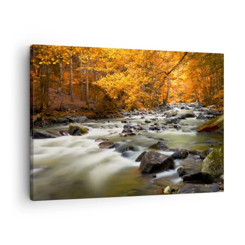 Quadro em tela - Um riacho em uma floresta de outono cercado por folhas douradas - 70x50cm - Um riacho na floresta dourada - Decoração de parede moderna para a sala de estar e quarto ARTTOR