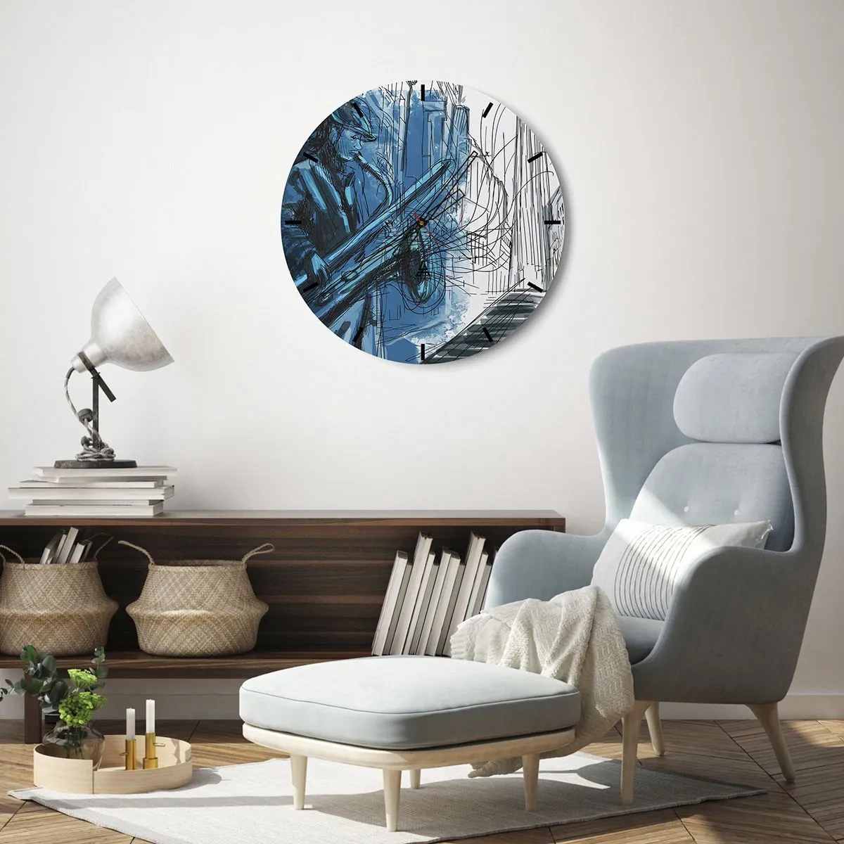 Relógio de parede - Relógio em vidro - Um músico de jazz numa interpretação artística - 30x30cm - Rapsódia Urbana - Decoração de parede moderna para a sala de estar, cozinha e quarto ARTTOR
