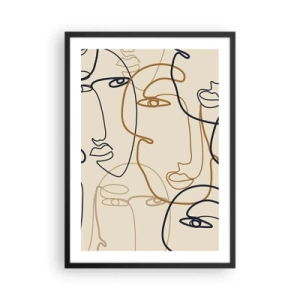 Pôster com moldura preta - Desenhos minimalistas de rostos em fundo bege - 50x70cm - Retrato multiplicado - Decoração de parede moderna para a sala de estar e quarto ARTTOR