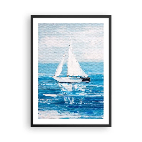 Pôster com moldura preta - Um iate no mar em tons de azul - 50x70cm - Com um amigo ao meu lado - Decoração de parede moderna para a sala de estar e quarto ARTTOR