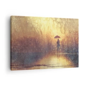 Quadro em tela - Uma figura com um guarda-chuva em uma paisagem enevoada cheia de reflexos - 70x50cm - Sinto alguém a olhar para mim - Decoração de parede moderna para a sala de estar e quarto ARTTOR