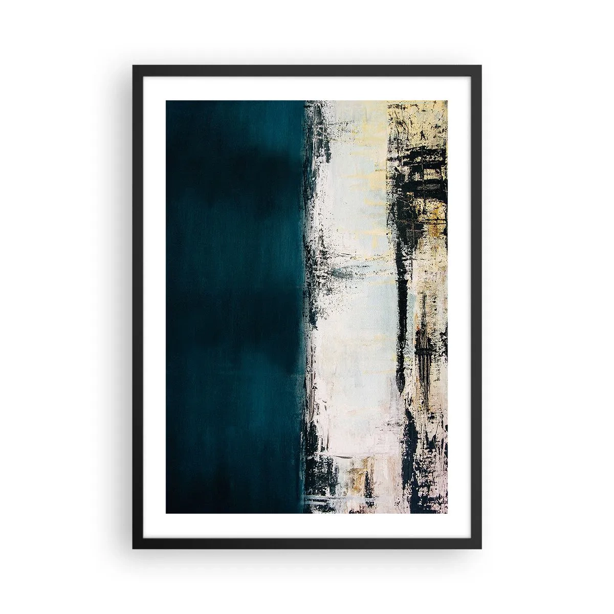Pôster com moldura preta - Composição abstrata em tons de azul marinho e bege - 50x70cm - Composição horizontal - Decoração de parede moderna para a sala de estar e quarto ARTTOR