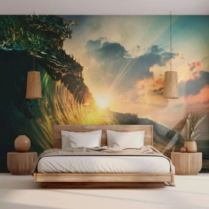 Papel de Parede Standard Eco - Pôr do sol sobre a onda do oceano em luz dourada - 100x70cm - Surfer, onde está? - Decoração de parede moderna para a sala de estar e quarto ARTTOR
