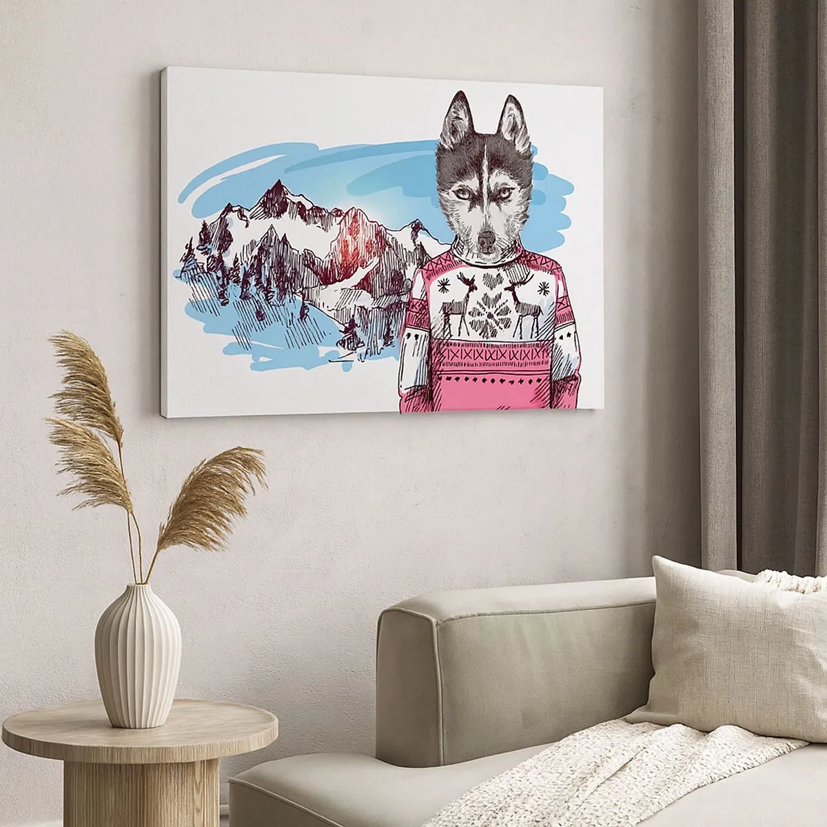Quadro em tela - Um lobo com um suéter de inverno contra uma paisagem montanhosa - 70x50cm - Lobo em lã de ovelha - Decoração de parede moderna para a sala de estar e quarto ARTTOR