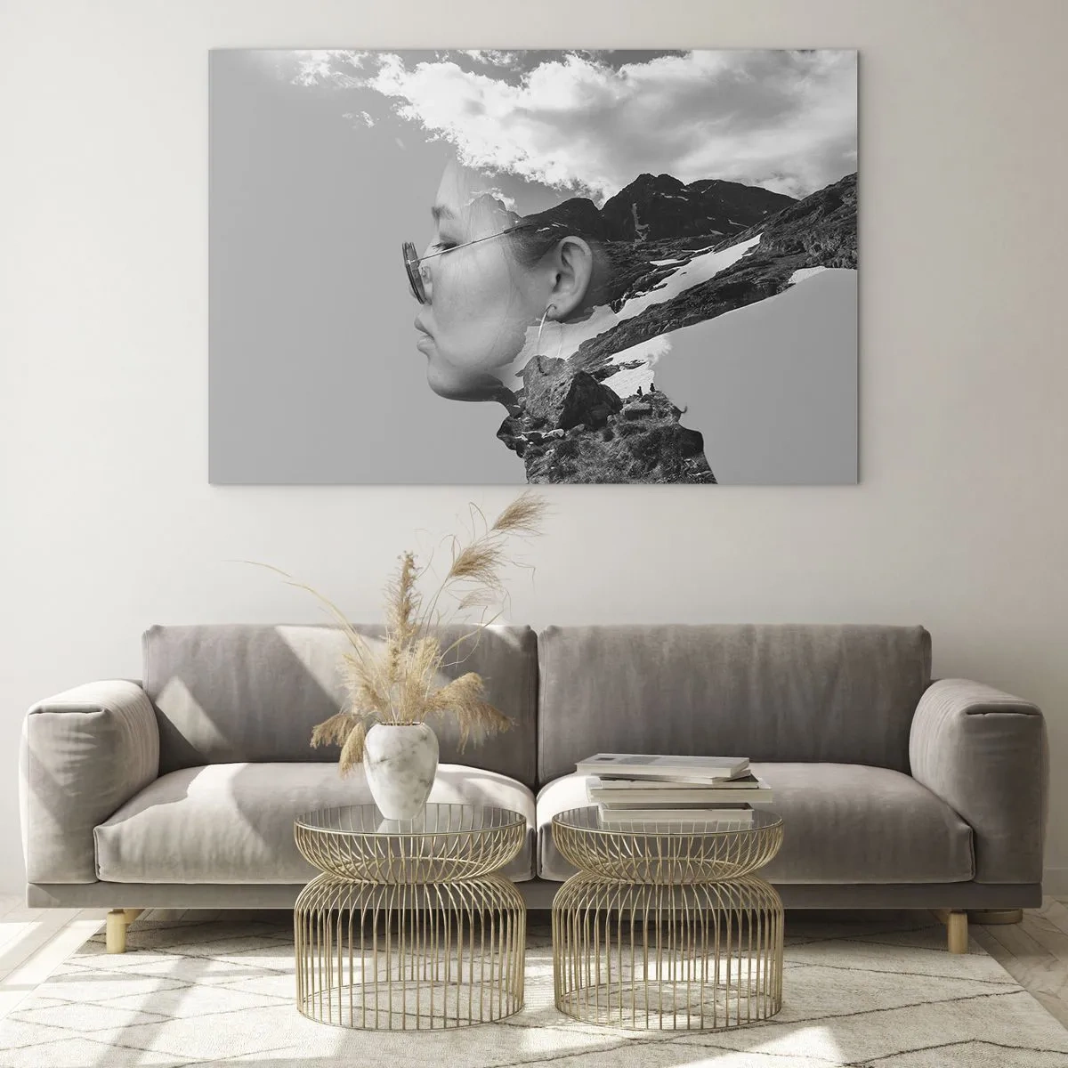 Quadro em vidro - Um retrato criativo de dupla exposição com uma paisagem de montanha e nuvens - 70x50cm - Retrato das montanhas e da nuvem - Decoração de parede moderna para a sala de estar e quarto ARTTOR