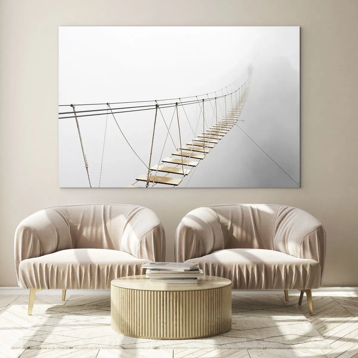 Quadro em vidro - Uma ponte suspensa na neblina que leva ao desconhecido - 70x50cm - Para onde levará? - Decoração de parede moderna para a sala de estar e quarto ARTTOR