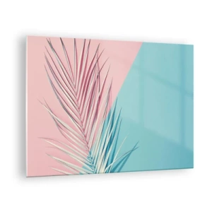 Quadro em vidro - Uma folha de palmeira sobre um fundo pastel em uma composição geométrica - 70x50cm - Impressão tropical - Decoração de parede moderna para a sala de estar e quarto ARTTOR