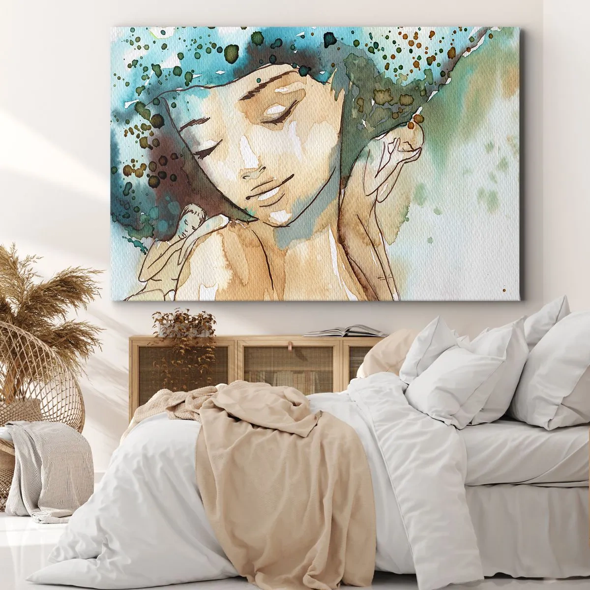 Quadro em tela - Retrato de uma mulher em delicadas cores aquarela - 70x50cm - Dama em azul - Decoração de parede moderna para a sala de estar e quarto ARTTOR