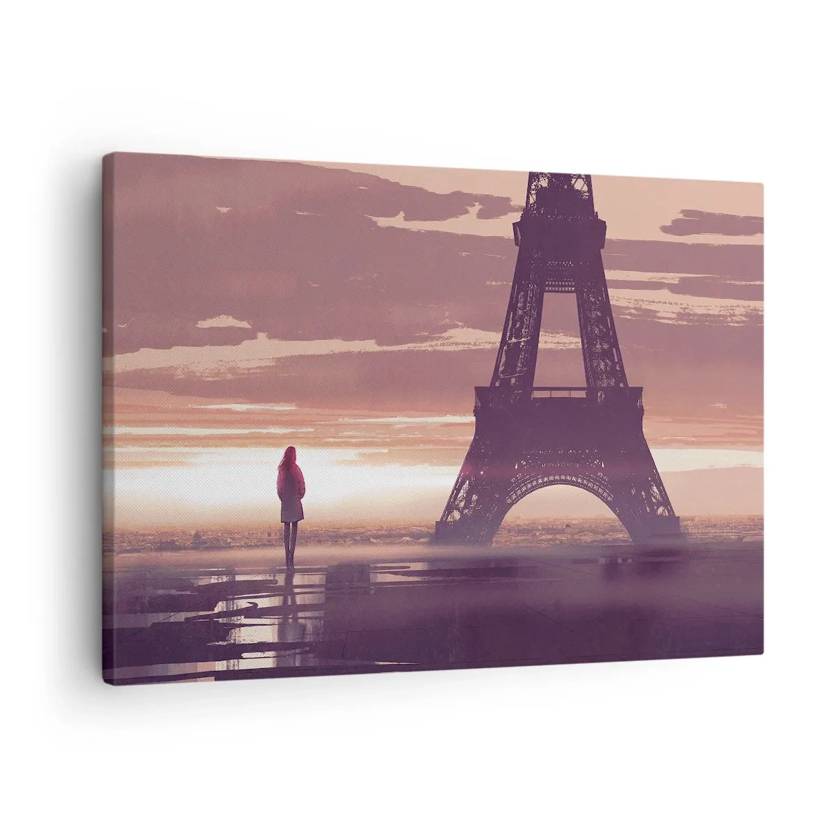 Quadro em tela - Uma figura olhando para a Torre Eiffel à luz do pôr do sol - 70x50cm - Só elas as duas - Decoração de parede moderna para a sala de estar e quarto ARTTOR