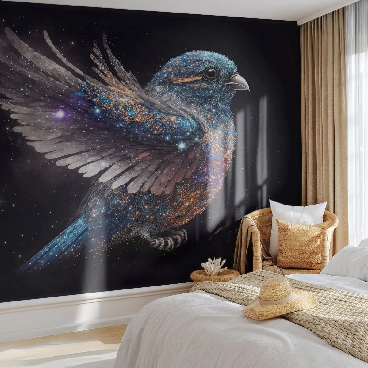 Papel de Parede Standard Eco - Space Sparrow com brilho de diamante em preto - 100x70cm - Pardal de diamante - Decoração de parede moderna para a sala de estar e quarto ARTTOR