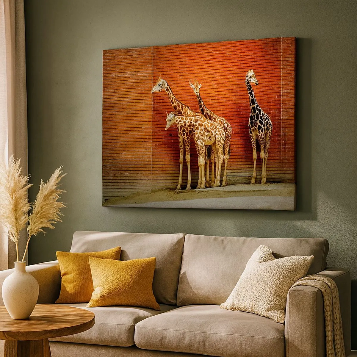 Quadro em tela - Quatro girafas contra uma parede de tijolos em um ambiente artístico - 70x50cm - Vê alguma acácia? - Decoração de parede moderna para a sala de estar e quarto ARTTOR