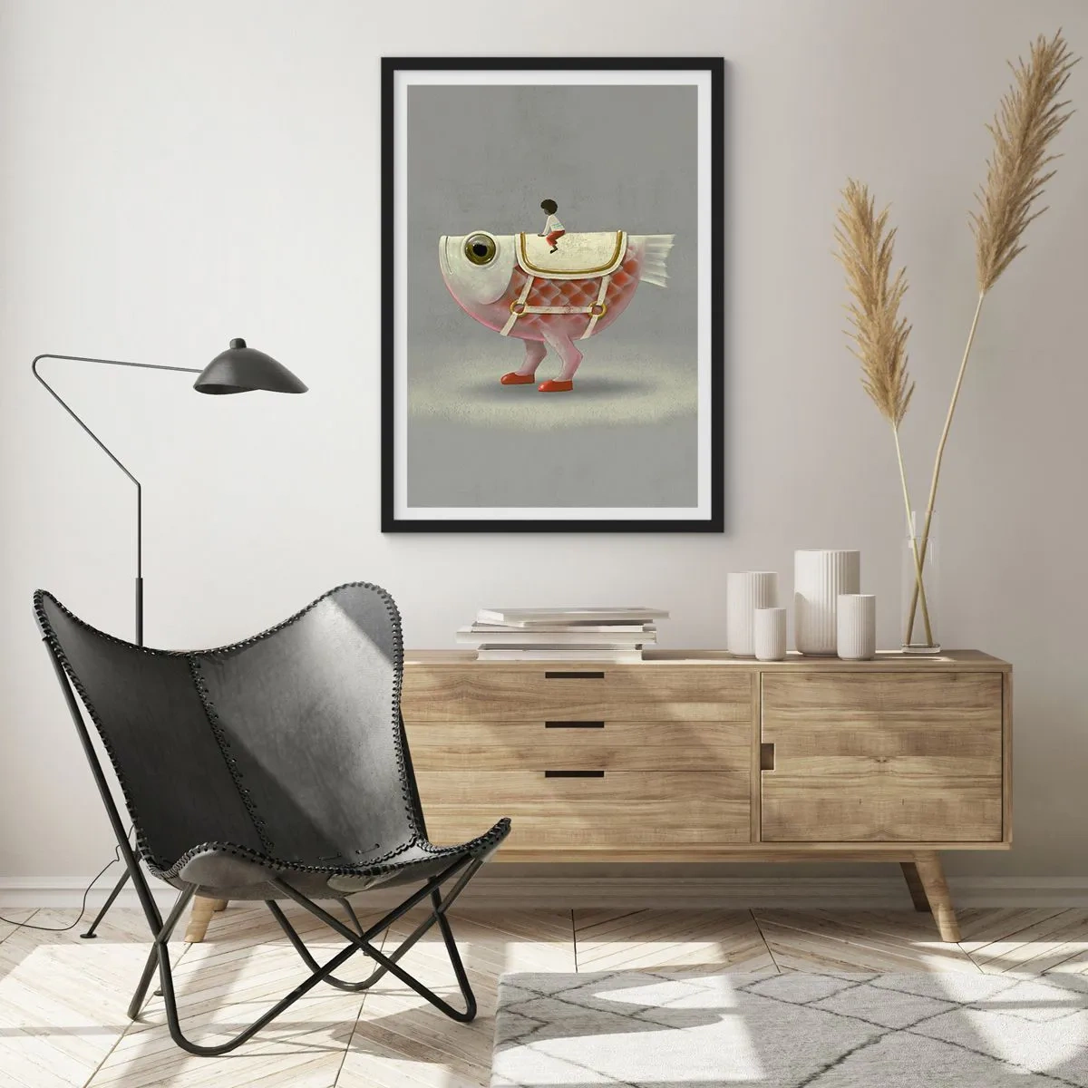 Pôster com moldura preta - Um peixe de fantasia com uma sela e uma figura em um fundo cinza - 50x70cm - O cavaleiro Peixoso - Decoração de parede moderna para a sala de estar e quarto ARTTOR