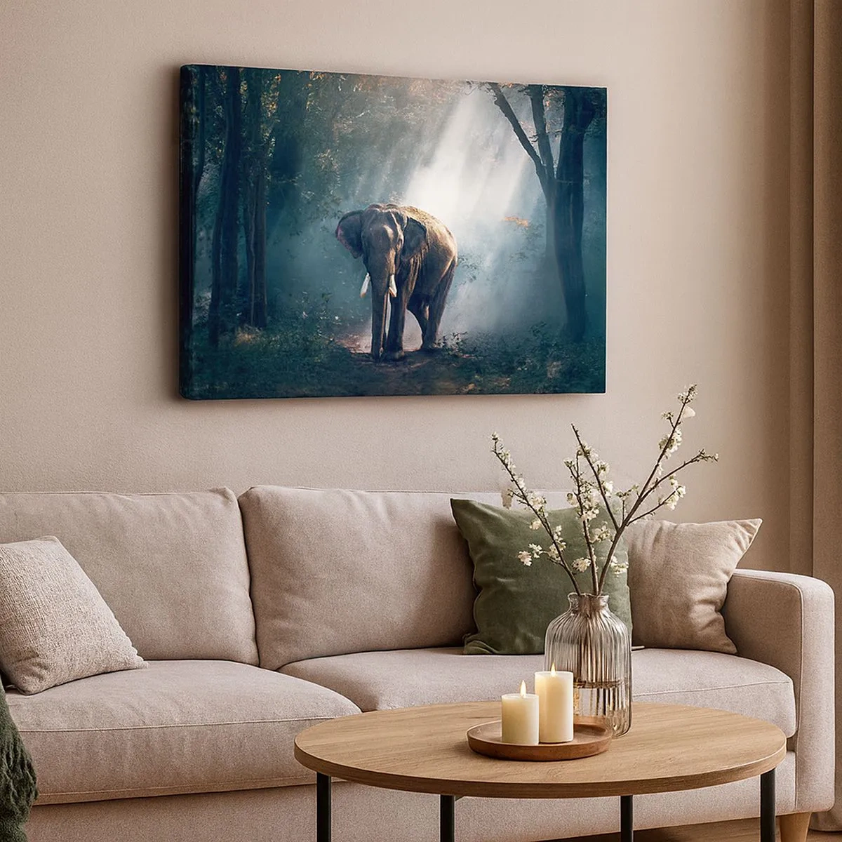 Quadro em tela - Elefante na luz da floresta - 70x50cm - Um passeio descontraído - Decoração de parede moderna para a sala de estar e quarto ARTTOR