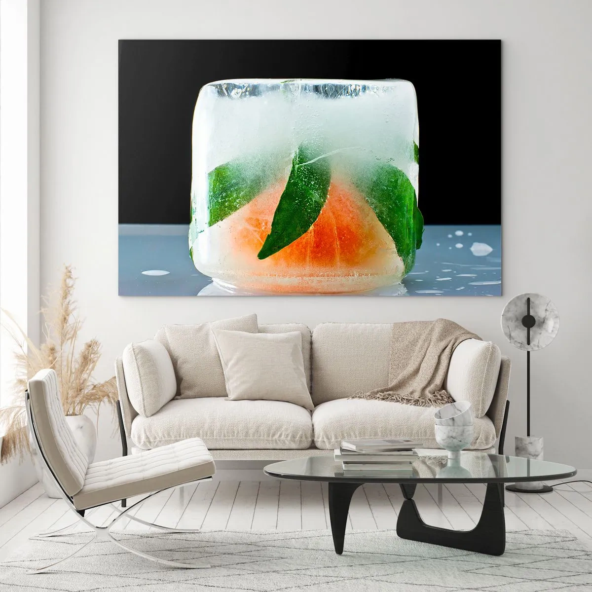 Quadro em vidro - Frutas e folhas congeladas em gelo transparente - 70x50cm - Frescor e refresco - Decoração de parede moderna para a sala de estar e quarto ARTTOR