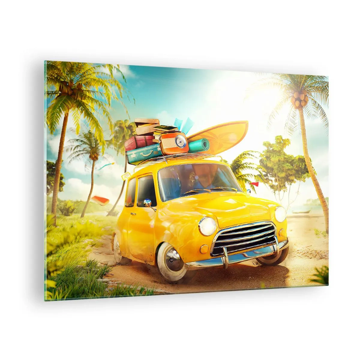 Quadro em vidro - Um carro amarelo com bagagem no teto em uma praia tropical. - 70x50cm - Uma viagem para mais do que um sorriso - Decoração de parede moderna para a sala de estar e quarto ARTTOR