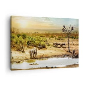 Quadro em tela - Elefantes e animais selvagens em um bebedouro ao pôr do sol - 70x50cm - Um rio corria no Éden... - Decoração de parede moderna para a sala de estar e quarto ARTTOR