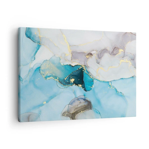 Quadro em tela - Abstração em tons de azul e dourado com linhas sutis - 70x50cm - Estudo do encontro do cinza e turquesa - Decoração de parede moderna para a sala de estar e quarto ARTTOR