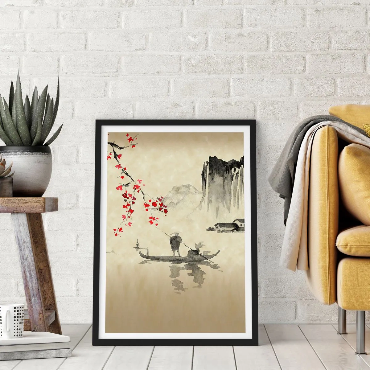 Pôster com moldura preta - Cena oriental com pescadores em um barco - 50x70cm - Na terra do sol nascente - Decoração de parede moderna para a sala de estar e quarto ARTTOR
