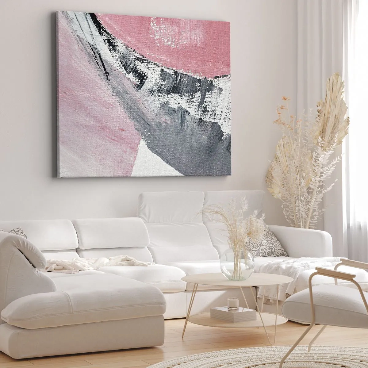 Quadro em tela - Uma composição abstrata em tons de rosa e cinza. - 70x50cm - Composição à medida - Decoração de parede moderna para a sala de estar e quarto ARTTOR