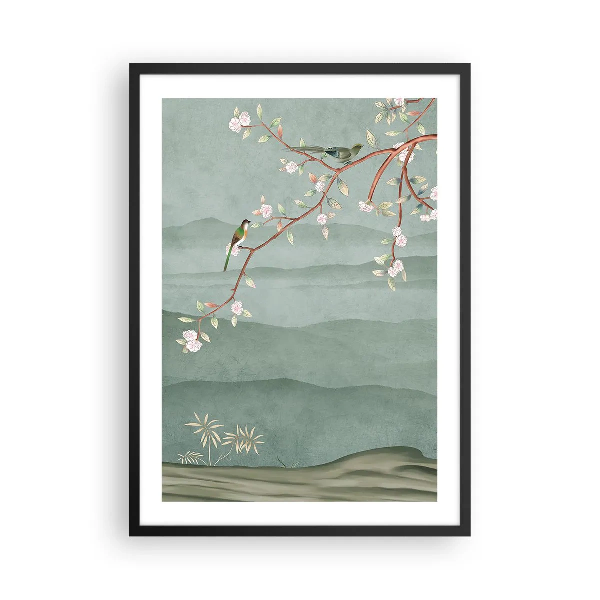 Pôster com moldura preta - Pássaros em um galho florido com vista para as colinas - 50x70cm - Primavera, oh, és tu - Decoração de parede moderna para a sala de estar e quarto ARTTOR