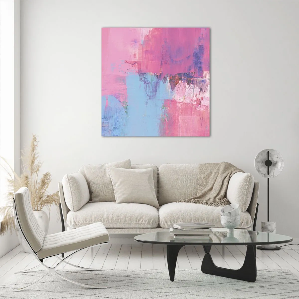 Quadro em vidro - Rosa, azul e uma pitada de luz - 40x40 cm