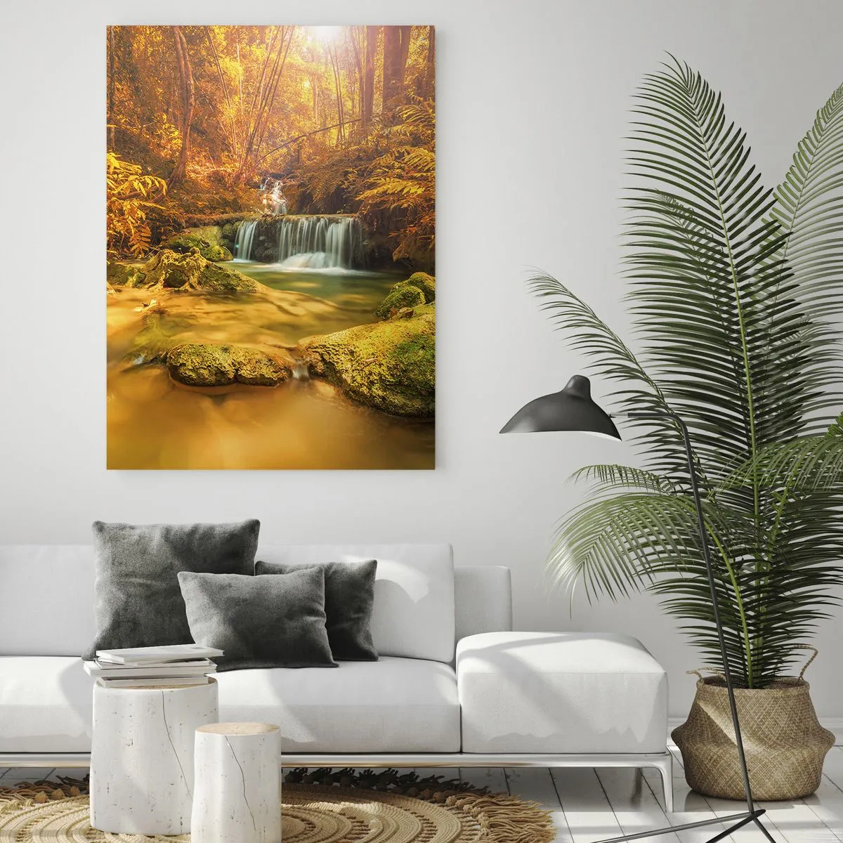 Quadro em vidro - Cascata na floresta em ouro - 50x70 cm