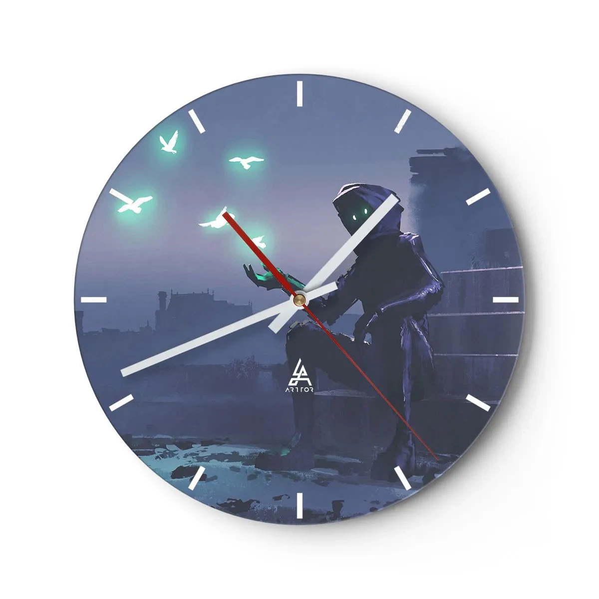 Relógio de parede - Relógio em vidro - Uma figura no escuro com pássaros neon ao fundo - 30x30cm - A vida vai voltar - Decoração de parede moderna para a sala de estar, cozinha e quarto ARTTOR