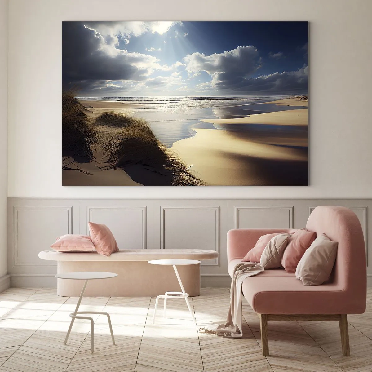Quadro em vidro - Uma praia selvagem iluminada pelos raios de sol sob as nuvens - 70x50cm - Praia, praia selvagem - Decoração de parede moderna para a sala de estar e quarto ARTTOR