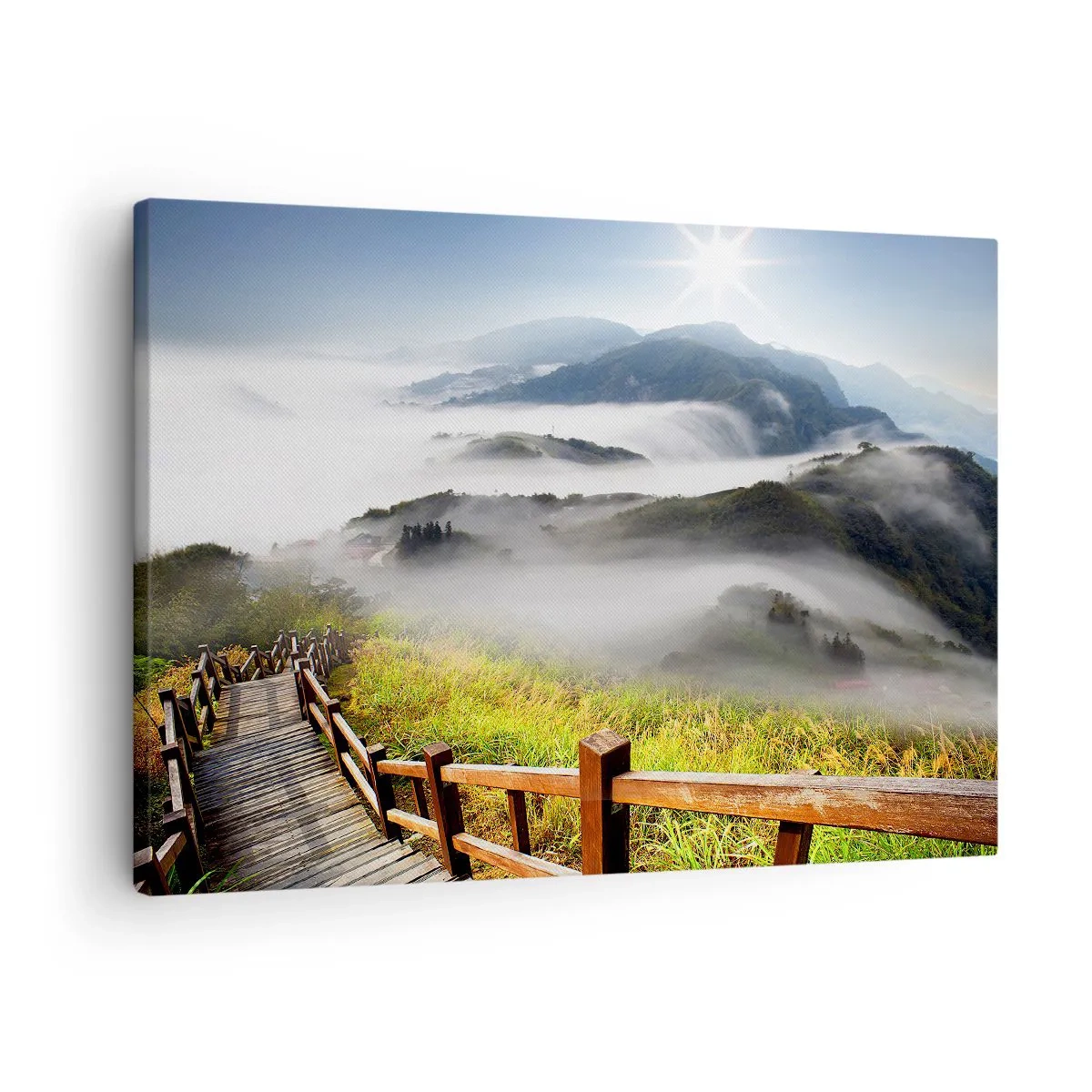 Quadro em tela - Um caminho de madeira entre as montanhas enevoadas pela manhã - 70x50cm - Tecido de brilho e névoa - Decoração de parede moderna para a sala de estar e quarto ARTTOR