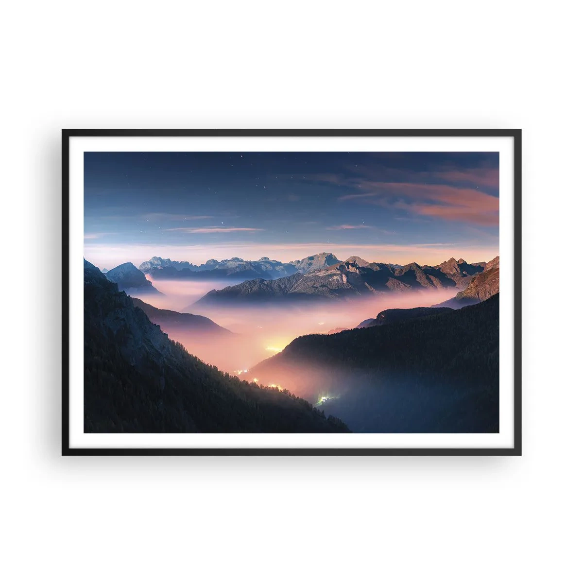Pôster com moldura preta - Luz nos vales - 100x70 cm