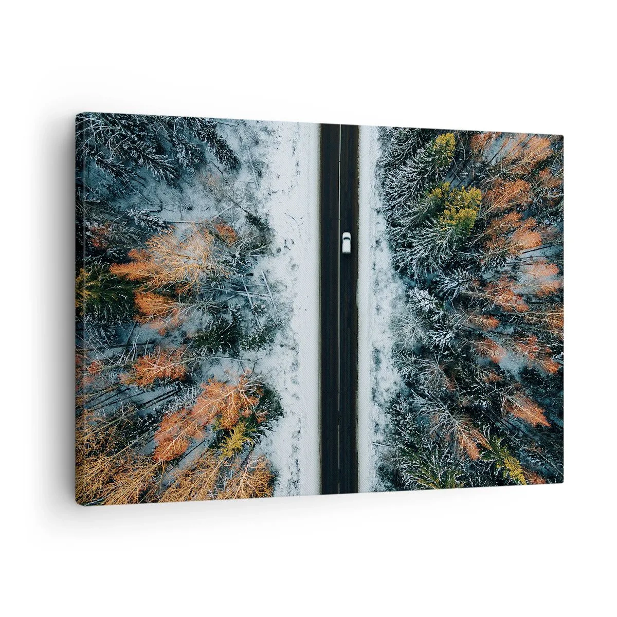 Quadro em tela - Uma estrada através de uma floresta de inverno vista de um pássaro - 70x50cm - Cortar a floresta no inverno - Decoração de parede moderna para a sala de estar e quarto ARTTOR