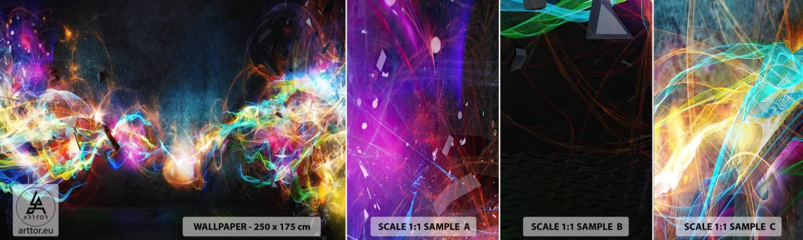 Amostra de papel de parede autocolante Deluxe Sticker - Com alegria contra a escuridão - Abstração, Pedaço, Explosão - 100x30 cm