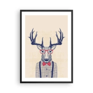 Pôster com moldura preta - Veado estiloso com óculos e gravata borboleta em fundo bege - 50x70cm - Extravagância engraçada - Decoração de parede moderna para a sala de estar e quarto ARTTOR