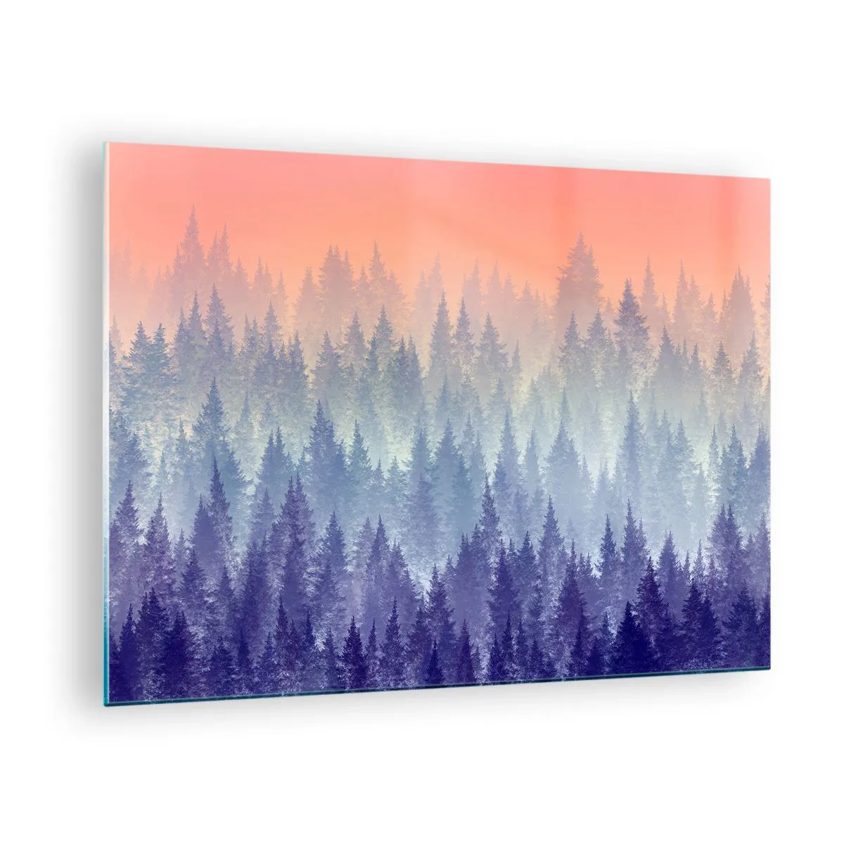 Quadro em vidro - Floresta misteriosa de coníferas em tons pastéis da manhã - 70x50cm - Alto, mais alto, para o céu - Decoração de parede moderna para a sala de estar e quarto ARTTOR