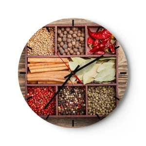 Relógio de parede - Relógio em vidro - Especiarias em compartimentos de madeira - 30x30cm - Ordem das formas, um ramo de aromas - Decoração de parede moderna para a sala de estar, cozinha e quarto ARTTOR