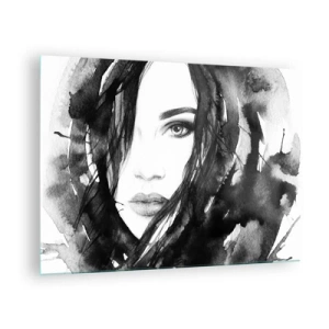 Quadro em vidro - Retratos femininos em aquarela em preto e branco - 70x50cm - Retrato de uma dama a preto e branco - Decoração de parede moderna para a sala de estar e quarto ARTTOR