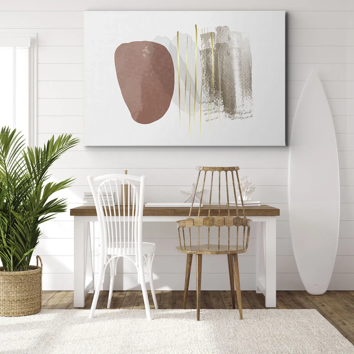 Quadro em tela - Composição abstrata em tons de bege e dourado - 70x50cm - Colunata abstrata - Decoração de parede moderna para a sala de estar e quarto ARTTOR