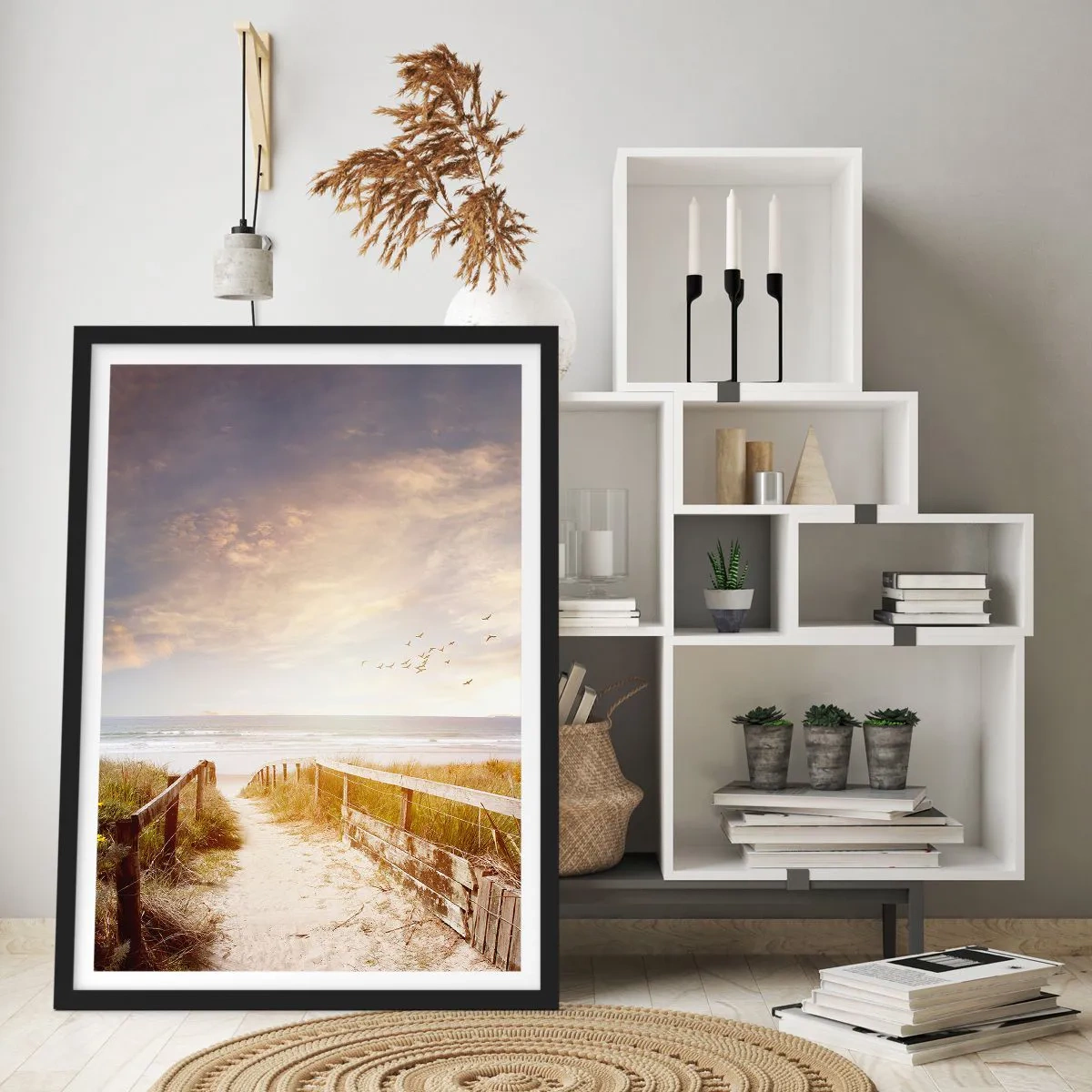 Pôster com moldura preta - Caminho para a praia ao pôr do sol com pássaros voando - 50x70cm - Espaço de paz - Decoração de parede moderna para a sala de estar e quarto ARTTOR