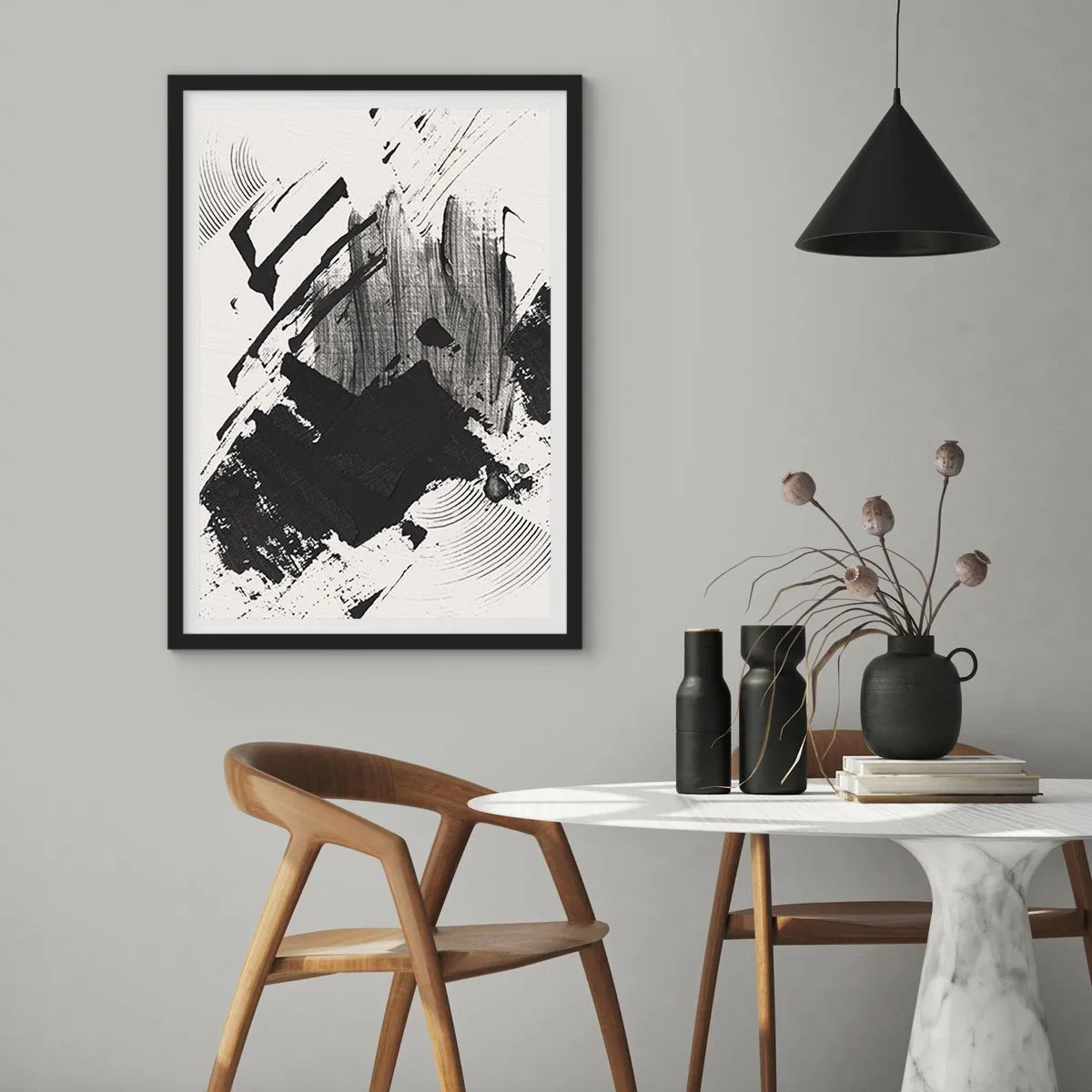 Pôster com moldura preta - Pinceladas abstratas em preto e branco - 50x70cm - Abstração – expressão do preto - Decoração de parede moderna para a sala de estar e quarto ARTTOR