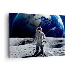 Quadro em tela - Astronauta na superfície da Lua com a Terra ao fundo - 70x50cm - Saudações da Lua - Decoração de parede moderna para a sala de estar e quarto ARTTOR