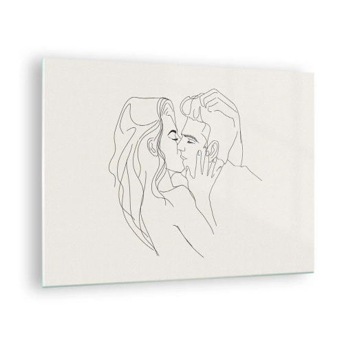 Quadro em vidro - Um beijo sensual de um casal na linha de contorno - 70x50cm - Emaranhados pelo sentimento - Decoração de parede moderna para a sala de estar e quarto ARTTOR