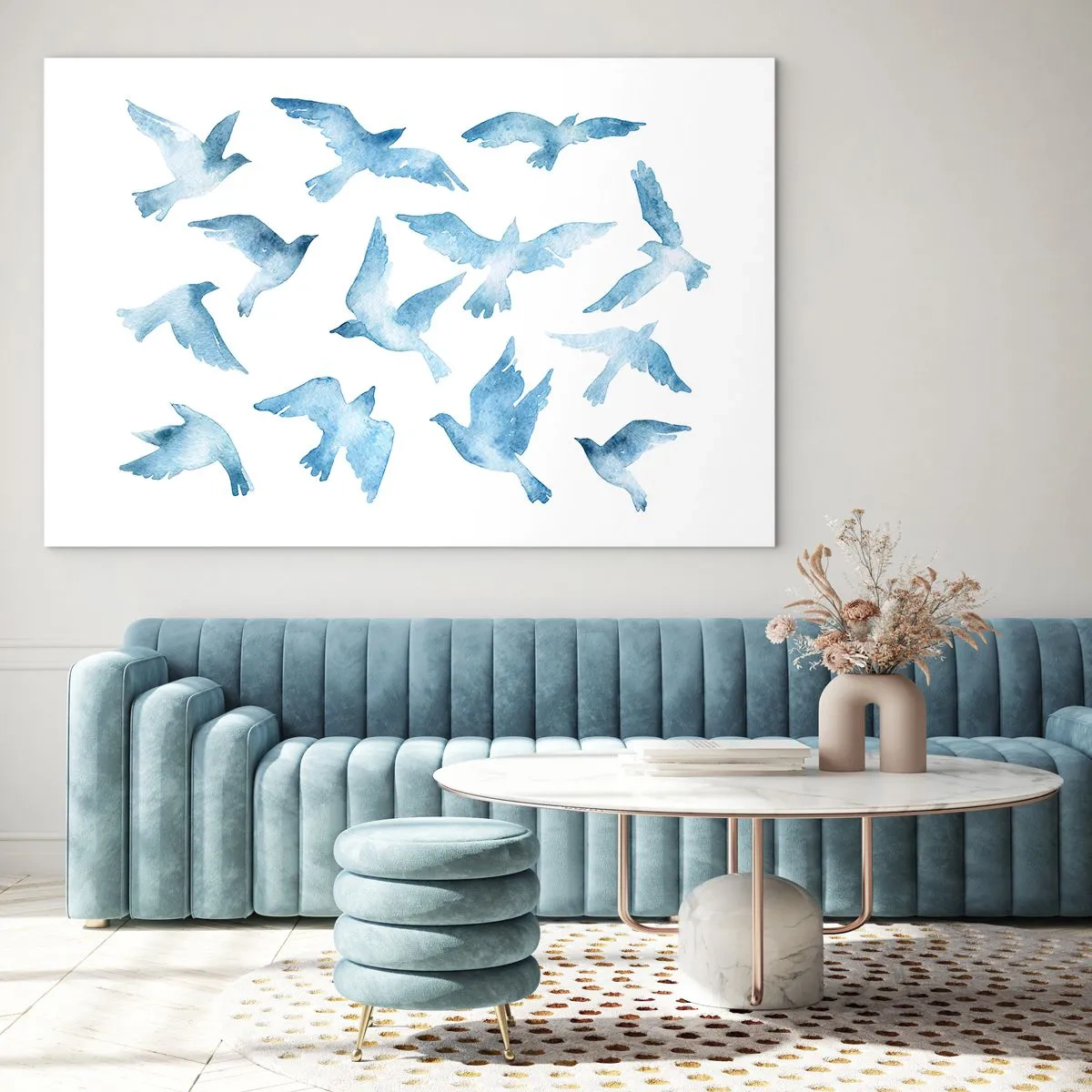 Quadro em vidro - Ilustração de pássaros azuis em um fundo branco - 70x50cm - Pássaros azuis - Decoração de parede moderna para a sala de estar e quarto ARTTOR