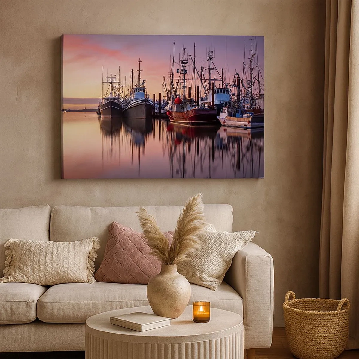 Quadro em tela - Barcos de pesca no porto ao pôr do sol - 70x50cm - Antes do dia seguinte - Decoração de parede moderna para a sala de estar e quarto ARTTOR