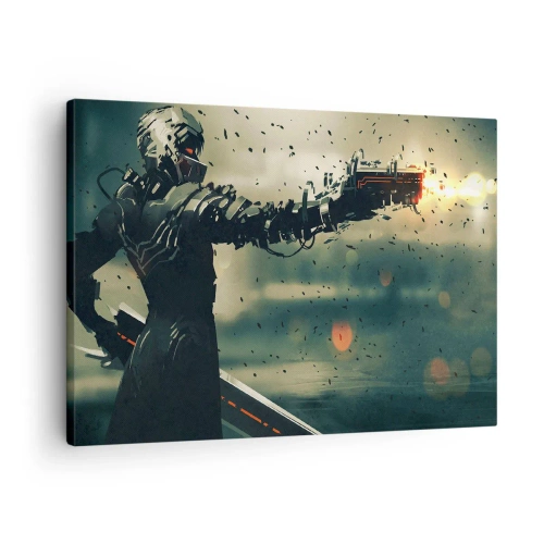 Quadro em tela - Guerreiro cibernético com armamento futurista - 70x50cm - Arma letal - seu próprio Exterminador do Futuro - Decoração de parede moderna para a sala de estar e quarto ARTTOR