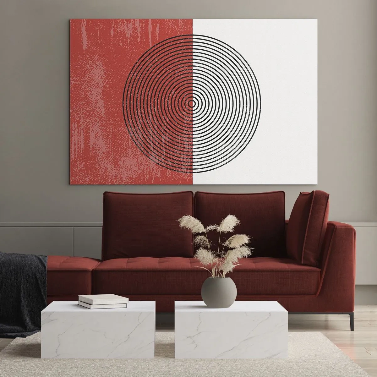 Quadro em vidro - Padrão geométrico com um círculo em um fundo vermelho e branco - 70x50cm - Direto ao ponto - Decoração de parede moderna para a sala de estar e quarto ARTTOR