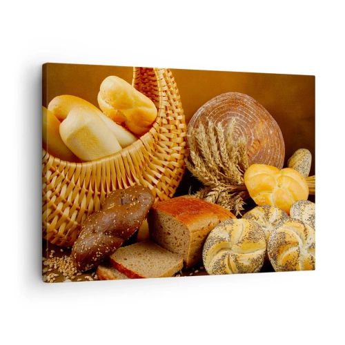 Quadro em tela - Vários pães em uma cesta de vime sobre fundo dourado - 70x50cm - Safamo-nos novamente - Decoração de parede moderna para a sala de estar e quarto ARTTOR