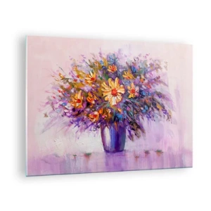 Quadro em vidro - Um buquê de flores coloridas em um vaso sobre um fundo pastel - 70x50cm - Cheiro agradável, aparência agradável - Decoração de parede moderna para a sala de estar e quarto ARTTOR